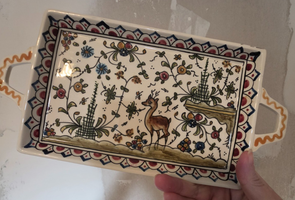 Vtg Coimbra Portugal Hand Painted Ceramic Tray Platter Sec XVII Deer Stag